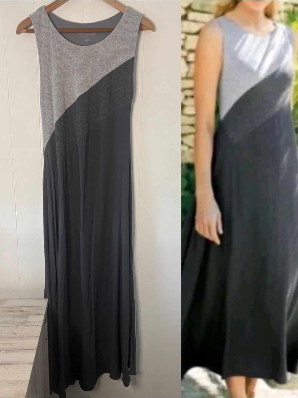 Soft Surroundings Gray Colorblock Flowy Sleeveless Lagenlook Maxi Dress Small